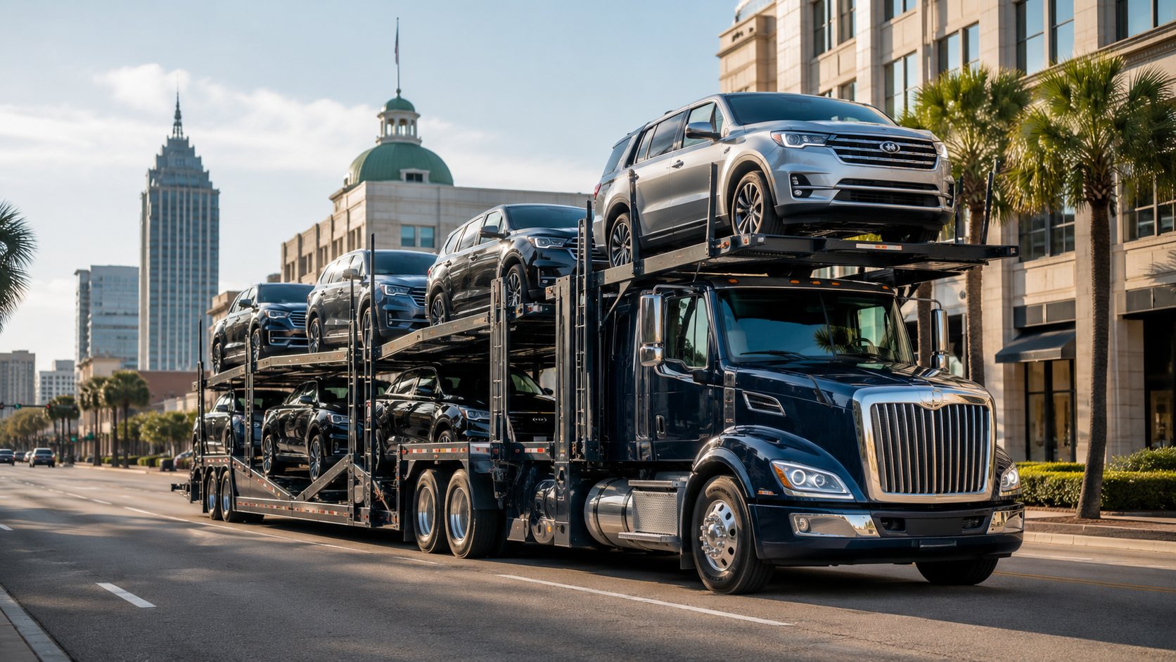 Open car carrier hauling vehicles — Mobile, AL auto transport by Ship Guy