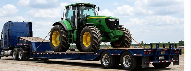 Green tractor secured on a flatbed trailer for heavy equipment transport