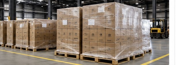 Palletized and shrink-wrapped cargo in a warehouse for freight shipping
