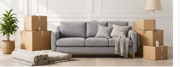 Living room with a sofa and packed moving boxes ready for transport
