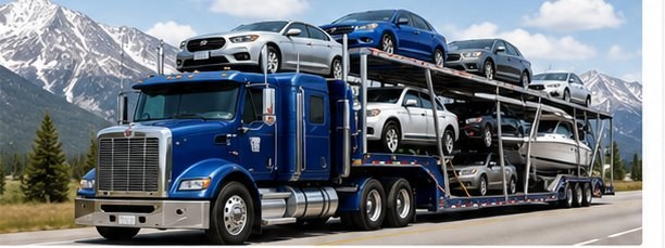 Blue auto-transport carrier loaded with cars and a boat on a mountain highway