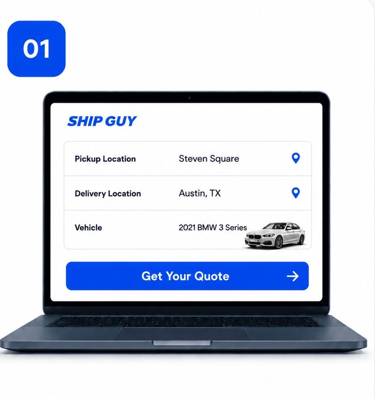 Step 1: enter pickup, delivery, and vehicle on the Ship Guy quote form
